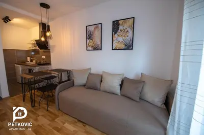a living room with a couch and a table at Petković apartmani STUDIO32 in Jagodina