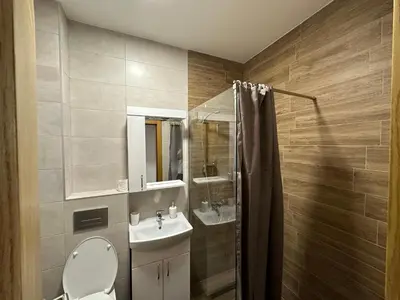 a bathroom with a toilet and a sink and a shower at Apartman Pavlović in Soko Banja