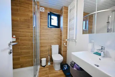 a bathroom with a toilet and a sink and a shower at Cozy and Lovely Apartments I & II in Jagodina