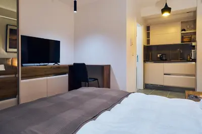 a bedroom with a bed and a desk with a television at Cozy and Lovely Apartments I & II in Jagodina