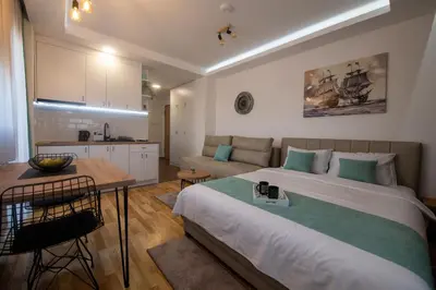 a bedroom with a large bed and a kitchen at Lux Apartman Petrovic in Jagodina