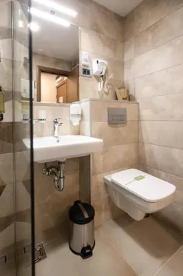 a bathroom with a sink and a toilet at Planinka in Kursumlijska Banja