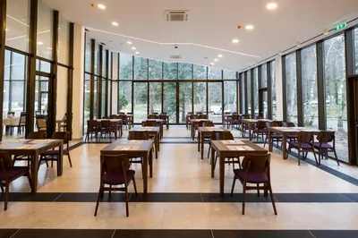 a restaurant with tables and chairs and windows at Planinka in Kursumlijska Banja