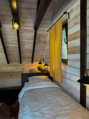 a bedroom with two beds in a log cabin at Villa Prive and Spa in Kopaonik