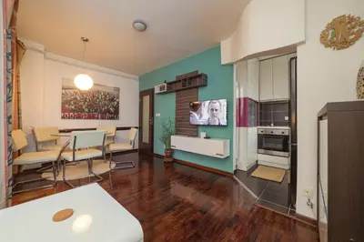 a living room with a kitchen and a dining room at Nana in Pirot