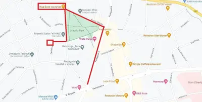 a map of the approximate location of the new synagogue at Park 1 MARKO FREE PARKING in Vranje