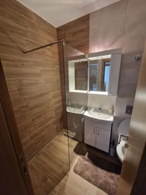 a bathroom with a shower and a sink and a toilet at Nina Apartman 3 in Soko Banja