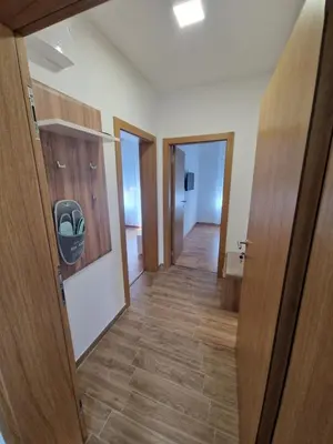 a hallway of a room with wooden doors and wood floors at Nina Apartman 3 in Soko Banja