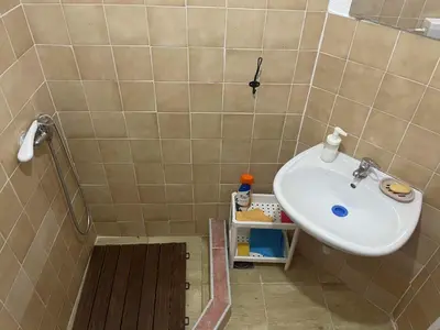 a small bathroom with a sink in a shower at Hostel Drenak in Gornje Rataje