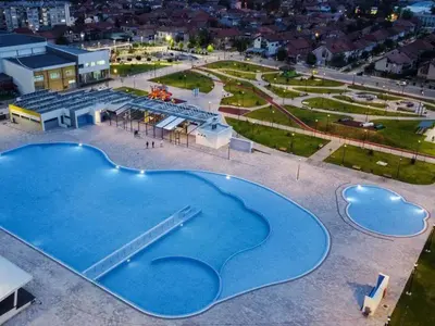 an overhead view of a large swimming pool at Loft Luxury Apartment in Pirot