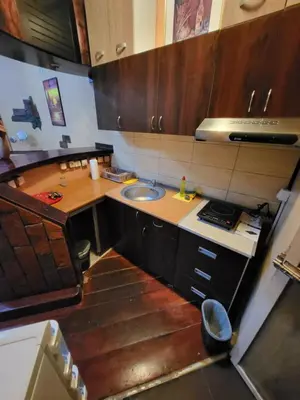 a small kitchen with a sink and a counter at LENA Apartman 45m2 Sokobanja-CENTAR in Soko Banja