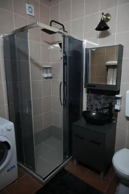 a bathroom with a shower with a sink and a toilet at Diamond Apartments Niš in Niš