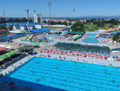 an overhead view of a swimming pool at a competition at Apartman Mijatovic in Jagodina