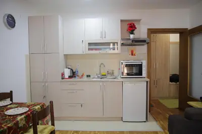 a kitchen with white cabinets and a microwave at Zlatni apartman in Vrnjačka Banja