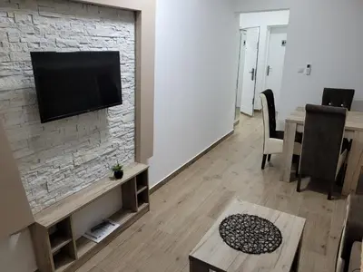a living room with a flat screen tv on a stone wall at Apartmani Zvezdana in Vrnjačka Banja