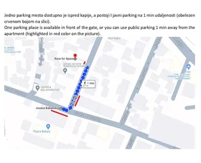 a map of a parking lot with a red line at Race for Space in Niš
