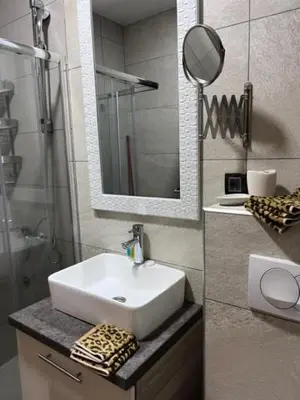 a bathroom with a sink and a shower with a mirror at Majapartman in Kopaonik