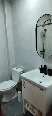 a white bathroom with a toilet and a mirror at Sienas Holiday Home in Vrnjačka Banja