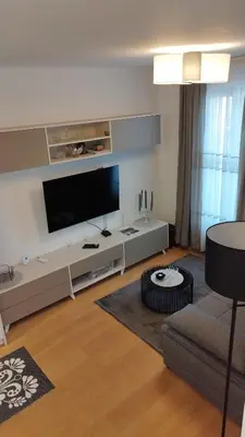a living room with a large flat screen tv at Royal Vila Bozovic - G5 i G6 in Vrnjačka Banja