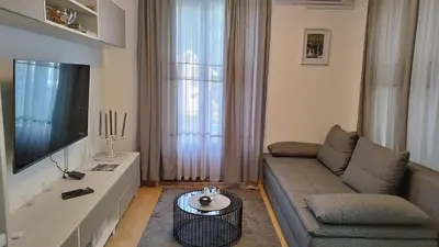 a living room with a couch and a flat screen tv at Royal Vila Bozovic - G5 i G6 in Vrnjačka Banja
