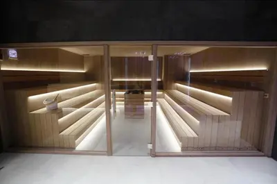 a closet with a glass door with a chair in it at Woodside Apartment in Kopaonik