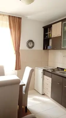 a kitchen with a table and a white refrigerator at DREAMER apartment in Vrnjačka Banja