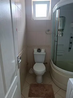 a bathroom with a toilet and a shower and a window at DREAMER apartment in Vrnjačka Banja