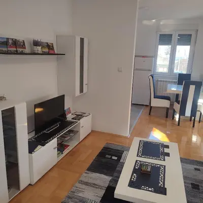 a living room with a television and a table at Black and White in Pirot
