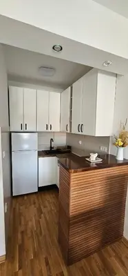 a kitchen with white cabinets and a wooden counter top at Vrnjački Lux free parking GARAGE in Vrnjačka Banja