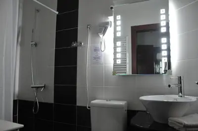a bathroom with a sink and a toilet and a mirror at Apartments Biser in Vrnjačka Banja