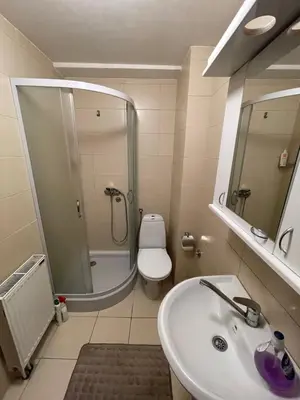 a bathroom with a sink and a shower and a toilet at Sedmi Juli in Niš