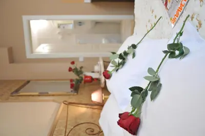 a room with roses on the side of a bed at Royal Apartments in Niš