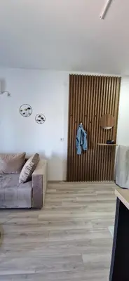 a living room with a couch and a wooden door at Aqua Park Lux Jagodina in Trnava