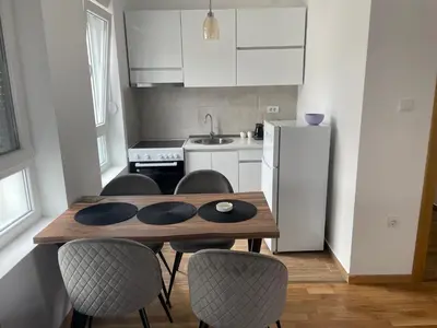 a kitchen with a wooden table and chairs and a refrigerator at Apartman Dolce Vita Sokobanja in Soko Banja
