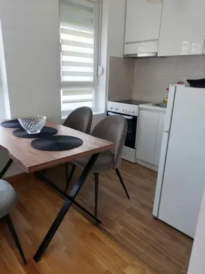 a kitchen with a wooden table and chairs and a white refrigerator at Apartman Dolce Vita Sokobanja in Soko Banja