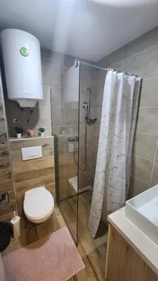 a bathroom with a shower and a toilet and a sink at La Vie En Rose - Milmari Resort in Kopaonik