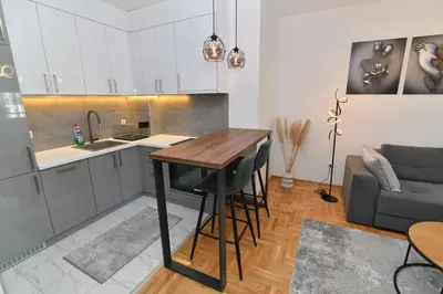 a kitchen and living room with a table and a couch at Apartman Dina in Pirot