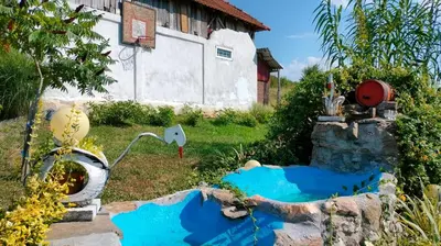 a garden with a statue of a water fountain at Domaćinsvo Stević - Sekurič in Belušić