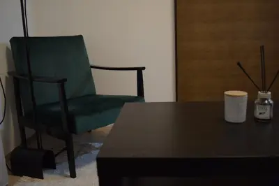 a green chair and a table in a room at Skandik Luxe Residence in Jagodina