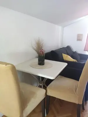 a white table and two chairs with a plant on it at Park 2 Branka FREE PARKING in Vranje