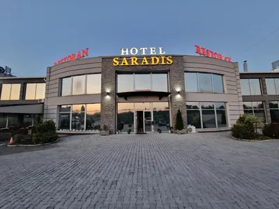a hotel with a sign that reads hotel saaris at Hotel Saradis in Kruševac