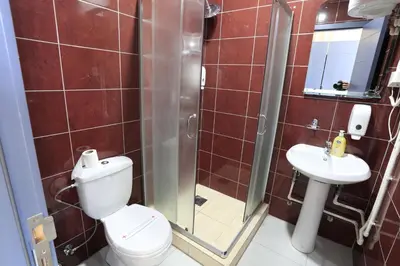 a bathroom with a shower and a toilet and a sink at Hotel Saradis in Kruševac