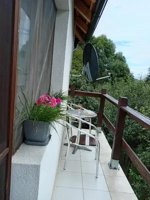 a patio with a table and flowers on a balcony at Etno Dušnik in Gadžin Han