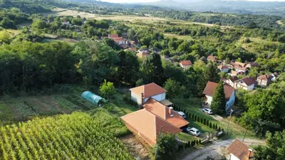 an aerial view of a house in a vineyard at Etno Dušnik in Gadžin Han