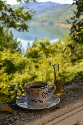 a cup of coffee on a saucer next to a bottle at Apartman Denčić Zavojsko jezero in Pirot