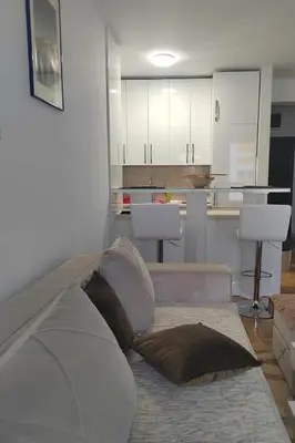 a living room with a couch with two pillows on it at Apartman Mančić in Pirot
