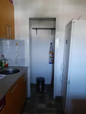 a kitchen with a white refrigerator and a sink at Apartman Sofka in Vranje