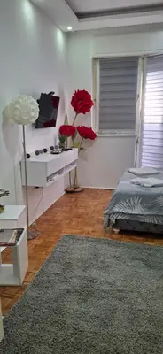 a room with a bed and a table with red flowers at AIK Kula studio in Jagodina