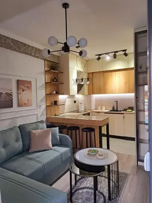 a living room with a couch and a kitchen at Aljoša Luxury Apartment in Jagodina