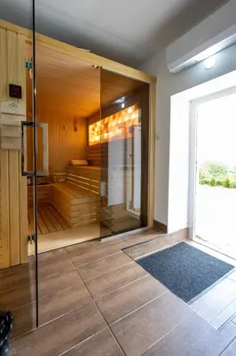 a sauna with a glass door in a room at Apartman Berlin Sokobanja in Soko Banja